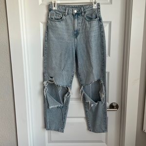 High rise, loose mom jeans, ripped at knees, Pacsun